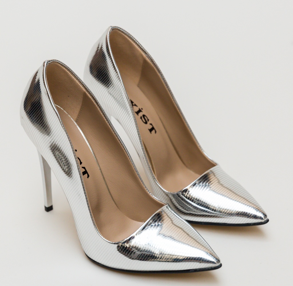 Pantofi Alya Argintii de seara eleganti cu toc subtire
