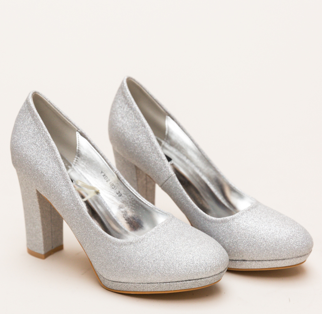 Pantofi Dezgo Argintii de seara cu toc gros eleganti