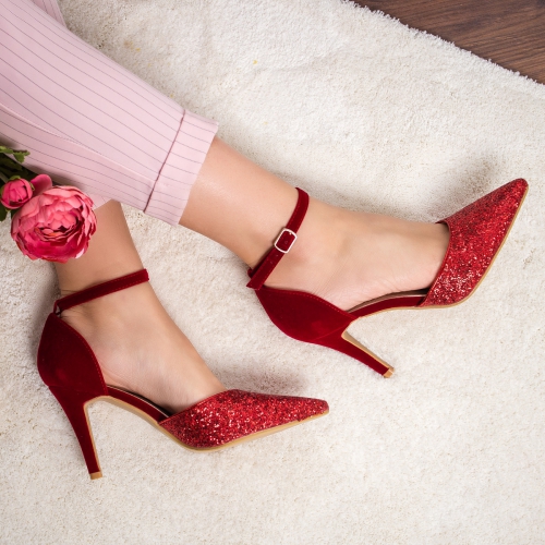 Pantofi Felda rosii cu toc -rl de seara ieftini