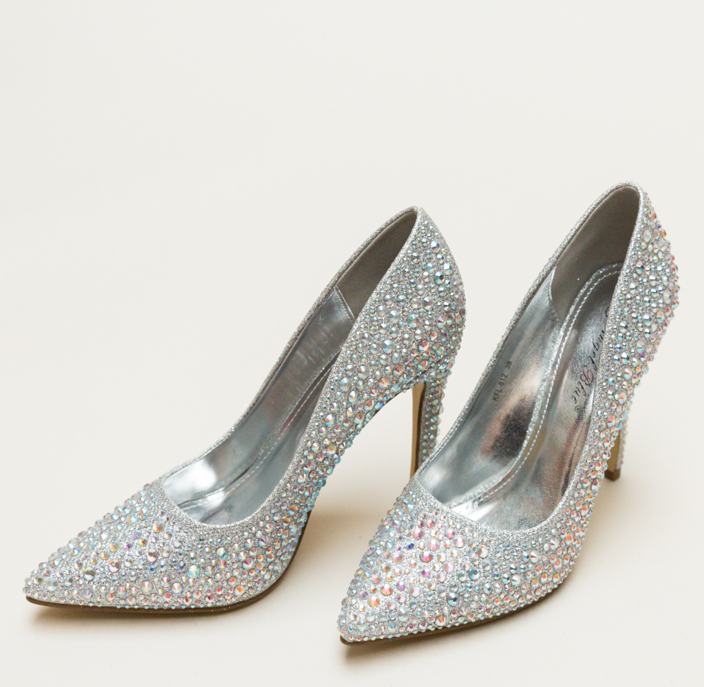 Pantofi Hadi Argintii de seara eleganti cu toc subtire