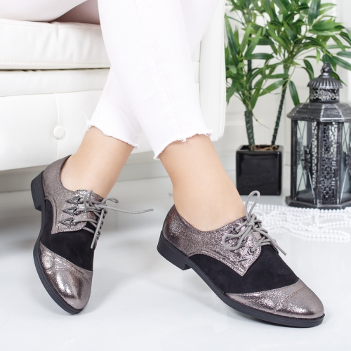 Pantofi Lavinimo argintii cu negru tip Oxford pentru Office sau zi