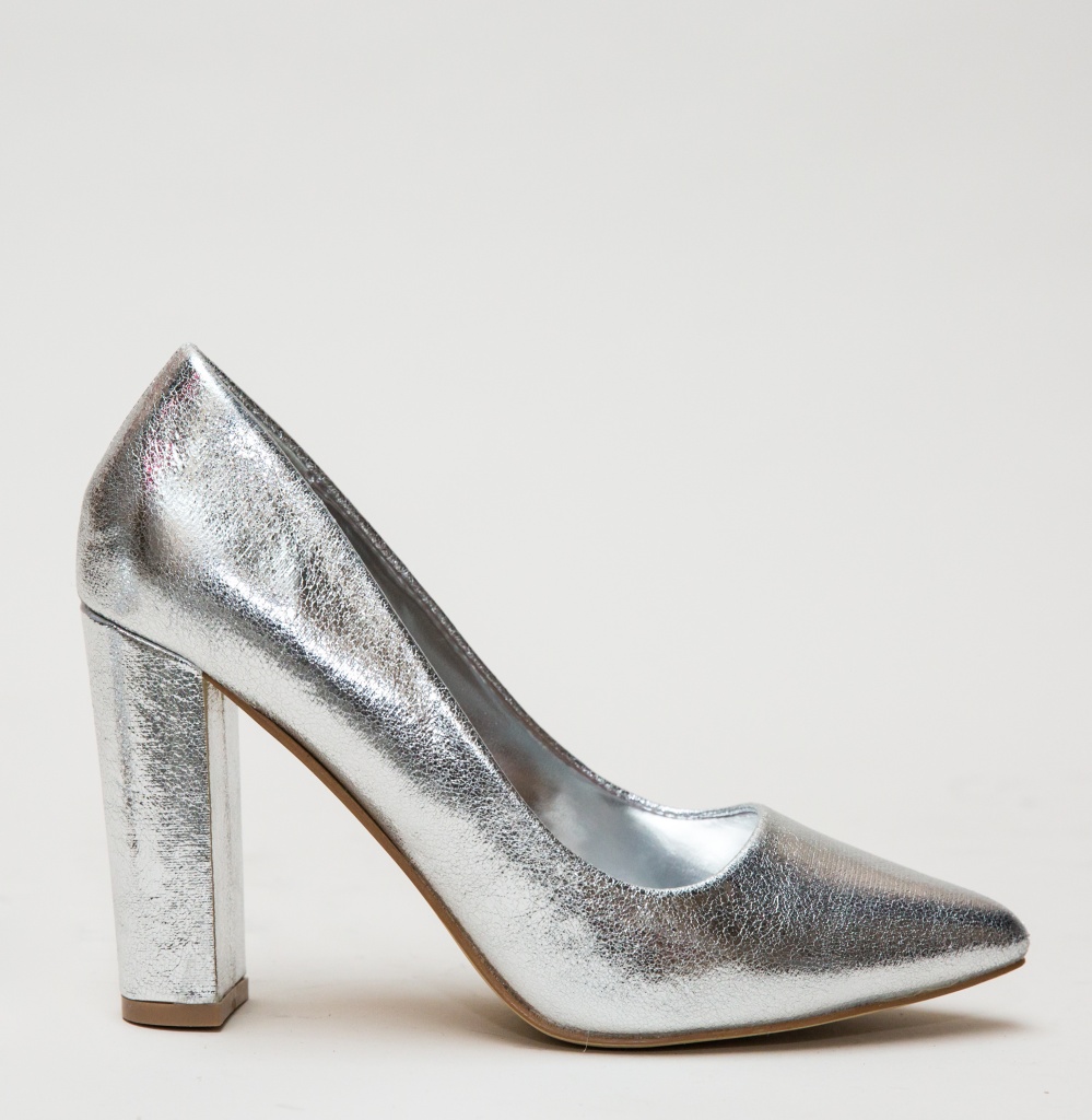 Pantofi Margus Argintii de seara cu toc gros eleganti