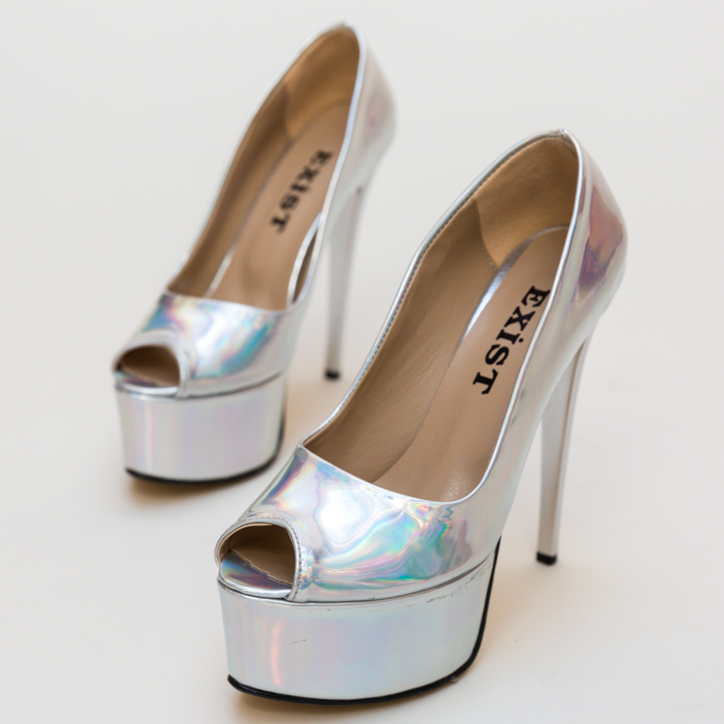Pantofi Sanny Argintii de seara eleganti cu toc subtire