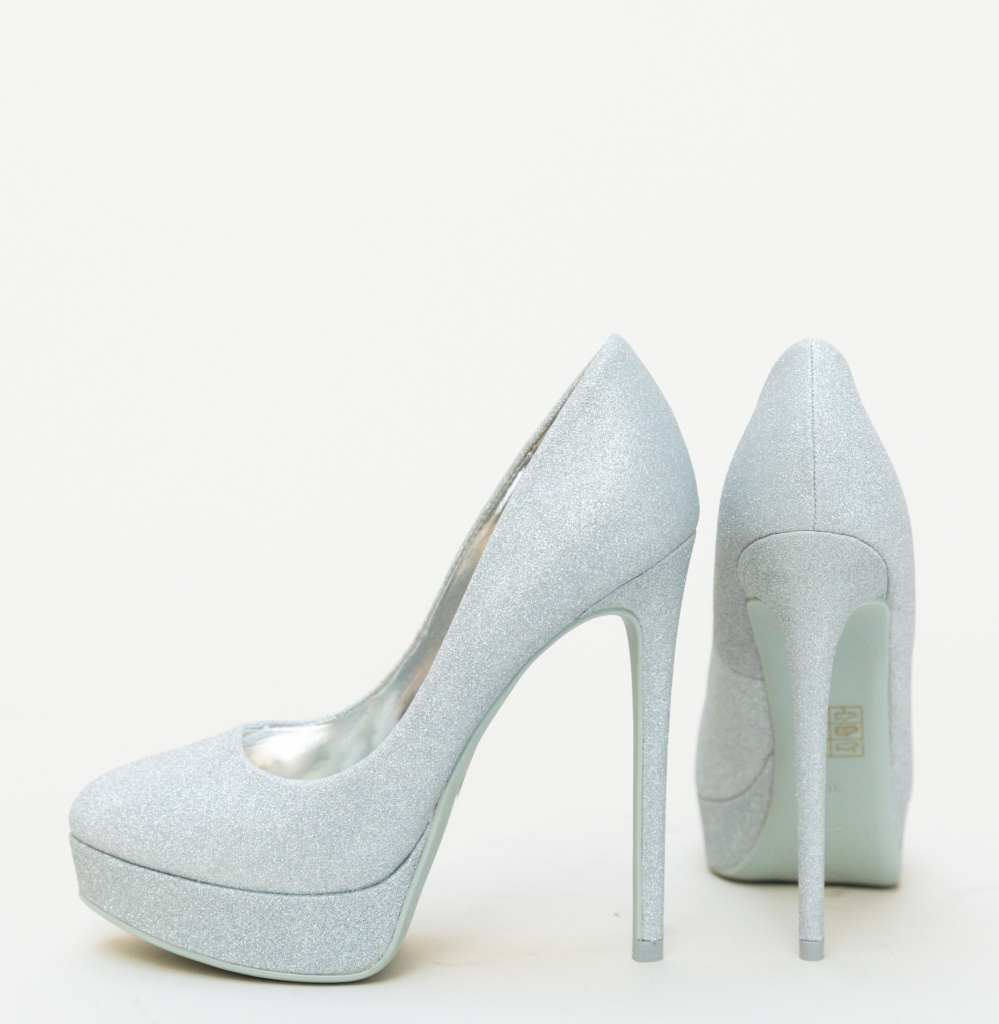 Pantofi Simia Argintii de seara cu toc gros eleganti