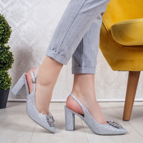 Pantofi cu toc argintii dama Defrina -rl de ocazie eleganti