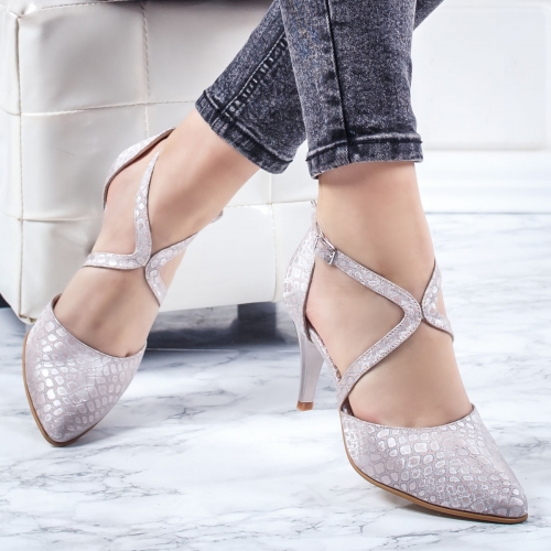 Pantofi dama cu toc Piele argintii Tiselia de ocazie eleganti
