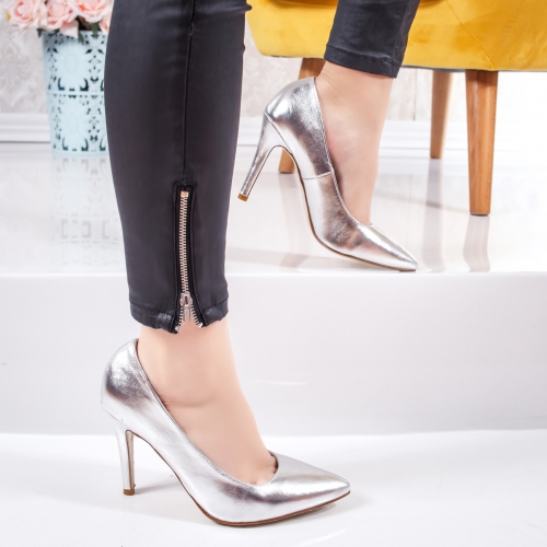 Pantofi dama cu toc argintii Panisia stiletto eleganti de ocazie
