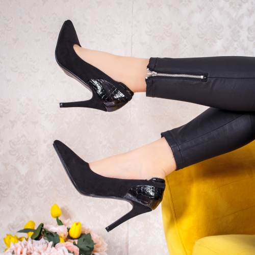 Pantofi dama cu toc negri Rodalia stiletto eleganti de ocazie