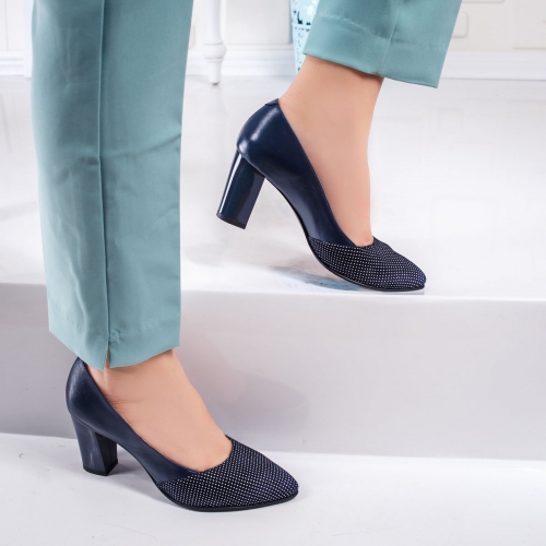 Pantofi dama cu toc piele naturala albastri cu buline Ceaple de ocazie eleganti
